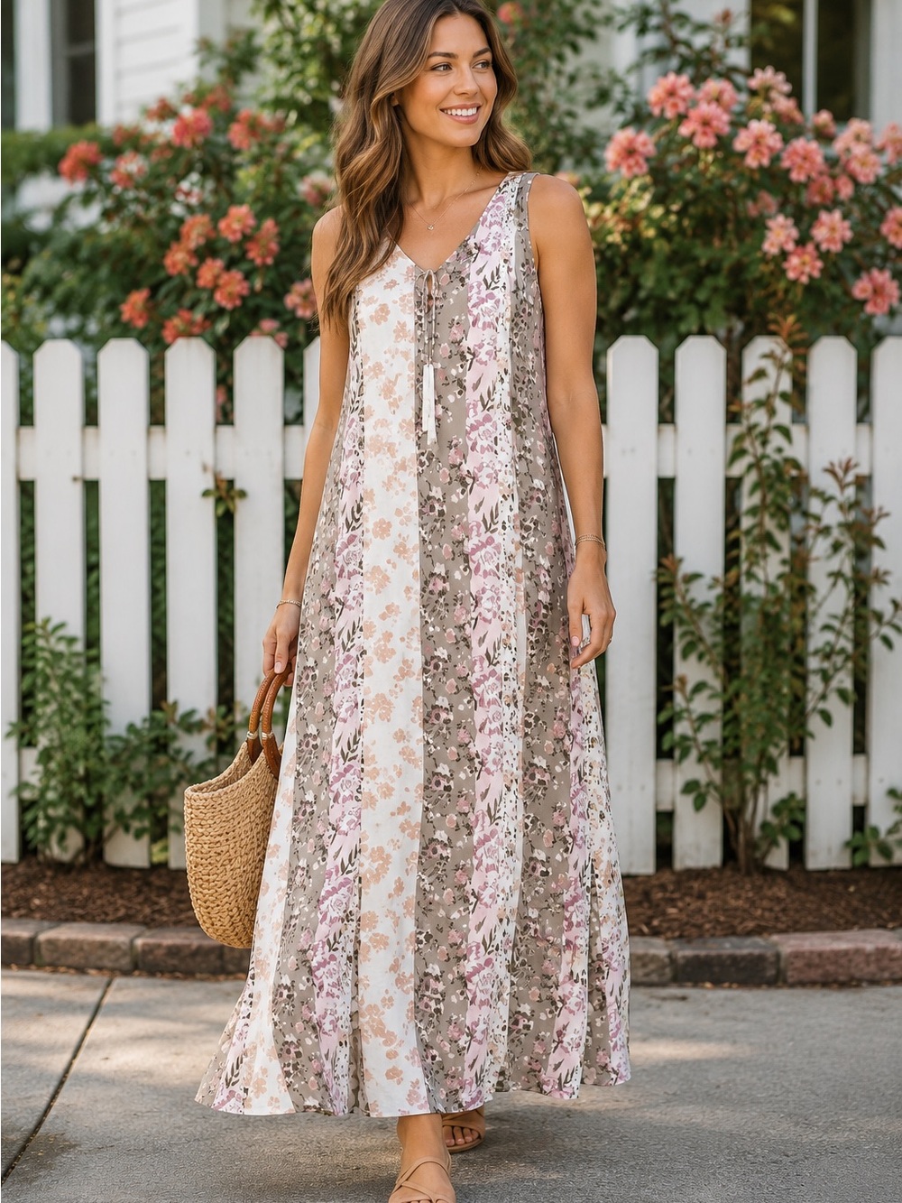 ANDREE BY UNIT Polyester Pink Mix Floral/Striped Maxi Dress Size Sm NWT